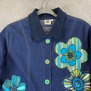 Womens Denim Jacket Medium Artsy Embellished Twee Whimsical Ecclectic Floral